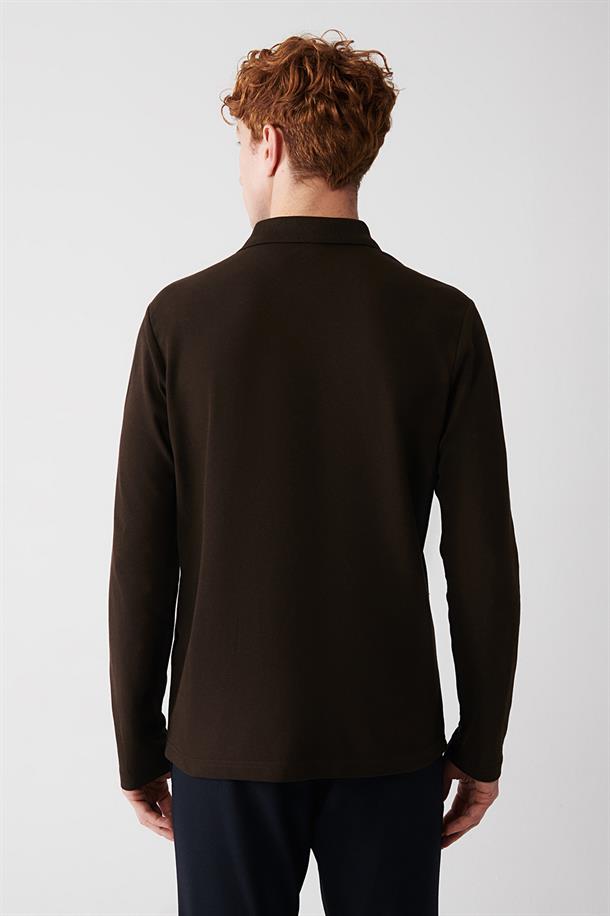 Kahverengi Polo Yaka %100 Pamuk Basic Regular Fit Standart Kesim Sweatshirt