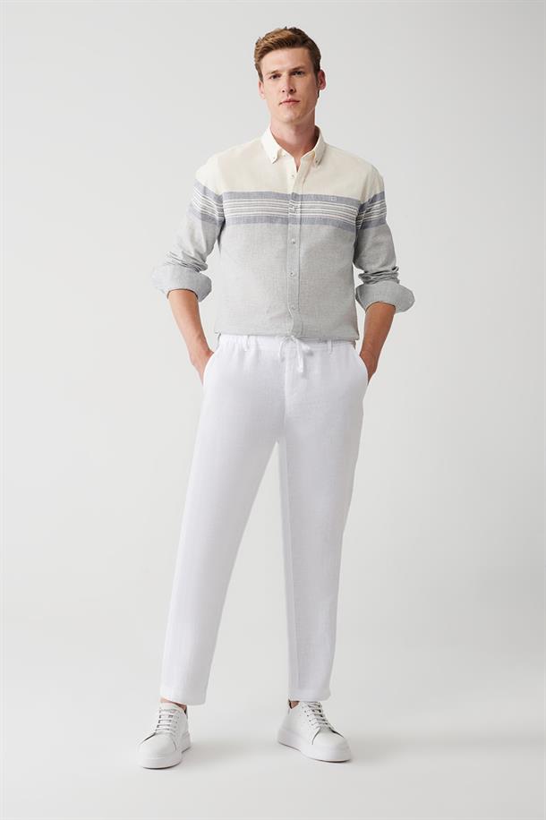 Kırık Beyaz %100 Keten Yandan Cepli Relaxed Fit Pantolon