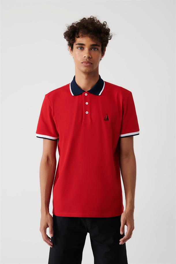 Kırmızı %100 Pamuk Marine Baskılı Regular Fit Polo Yaka T-Shirt