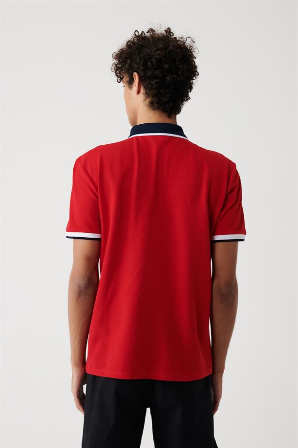 Kırmızı %100 Pamuk Marine Baskılı Regular Fit Polo Yaka T-Shirt