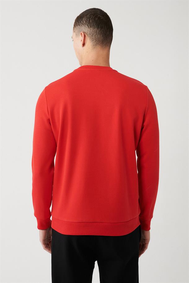 Kırmızı İnterlok Kumaş Bisiklet Yaka Gofre Baskılı Sweatshirt