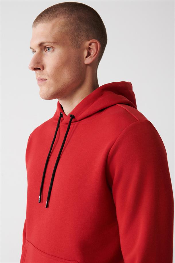 Kırmızı Kapüşonlu Yaka İçi Polarlı 3 İplik Pamuklu Regular Fit Standart Kesim Unisex Sweatshirt