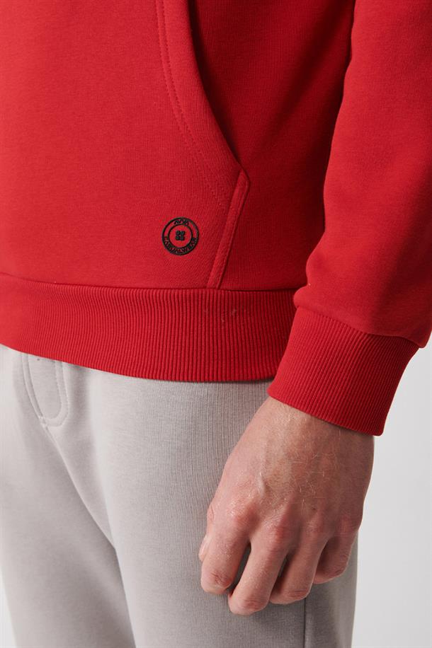 Kırmızı Kapüşonlu Yaka İçi Polarlı 3 İplik Pamuklu Regular Fit Standart Kesim Unisex Sweatshirt