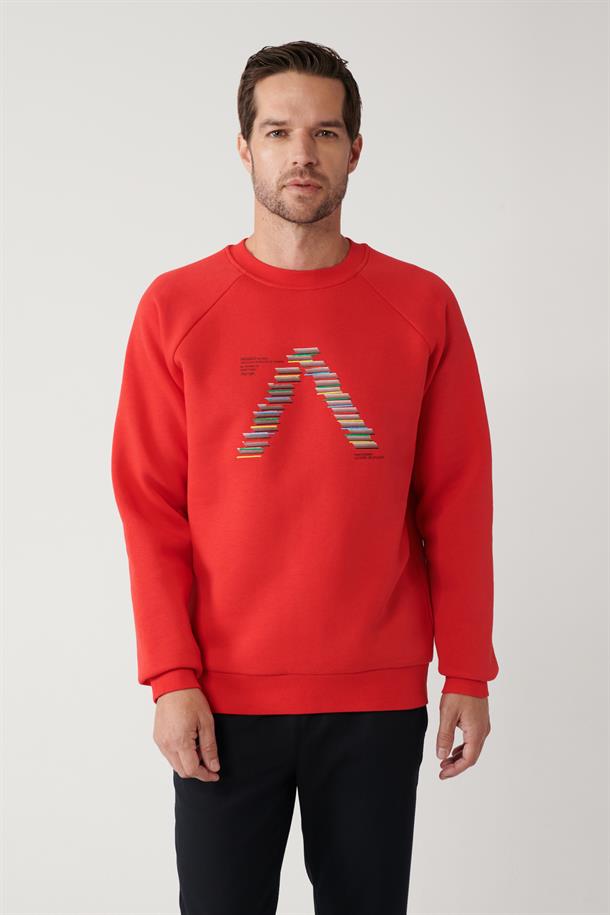 Kırmızı Şardonlu Kumaş Bisiklet Yaka Nakışlı Sweatshirt