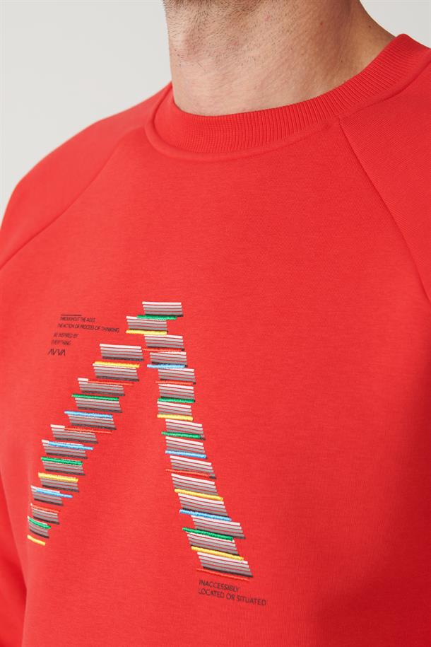 Kırmızı Şardonlu Kumaş Bisiklet Yaka Nakışlı Sweatshirt