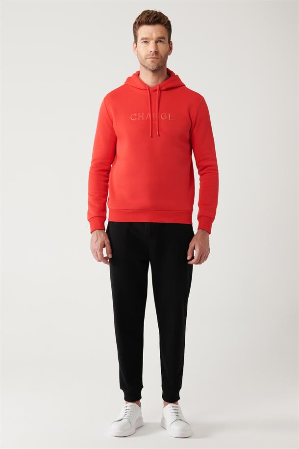 Kırmızı Şardonlu Kumaş Kapüşonlu Yaka Piramit Baskılı Sweatshirt