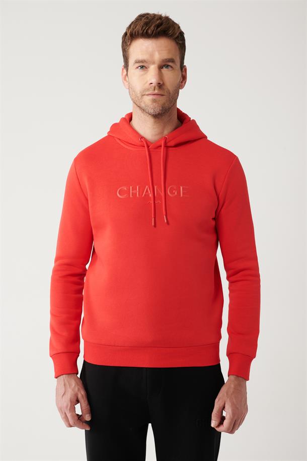 Kırmızı Şardonlu Kumaş Kapüşonlu Yaka Piramit Baskılı Sweatshirt
