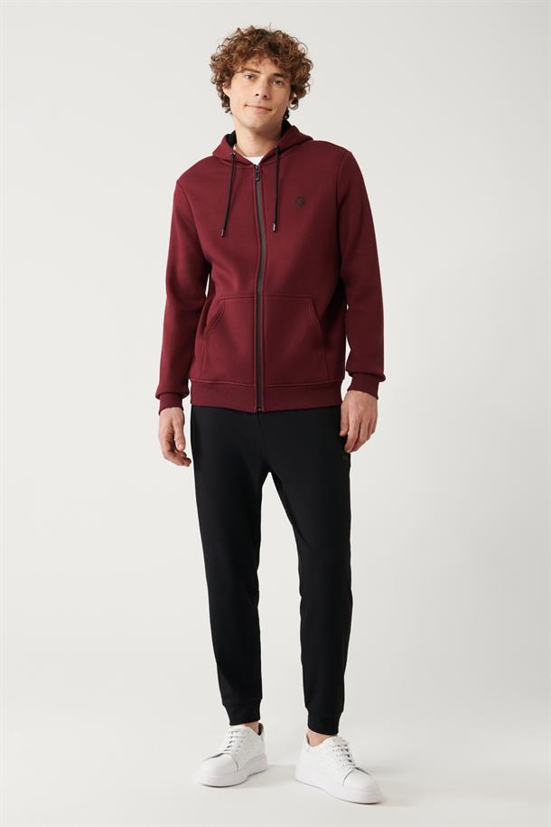 Koyu Bordo Kapüşonlu Yaka İçi Polarlı 3 İplik Fermuarlı Regular Fit Standart Kesim Unisex Sweatshirt