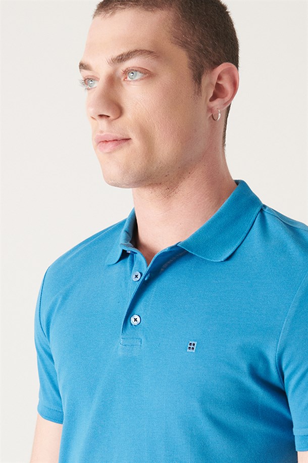 Koyu Mavi Polo Yaka Slim Fit %100 Pamuk Basic T-Shirt