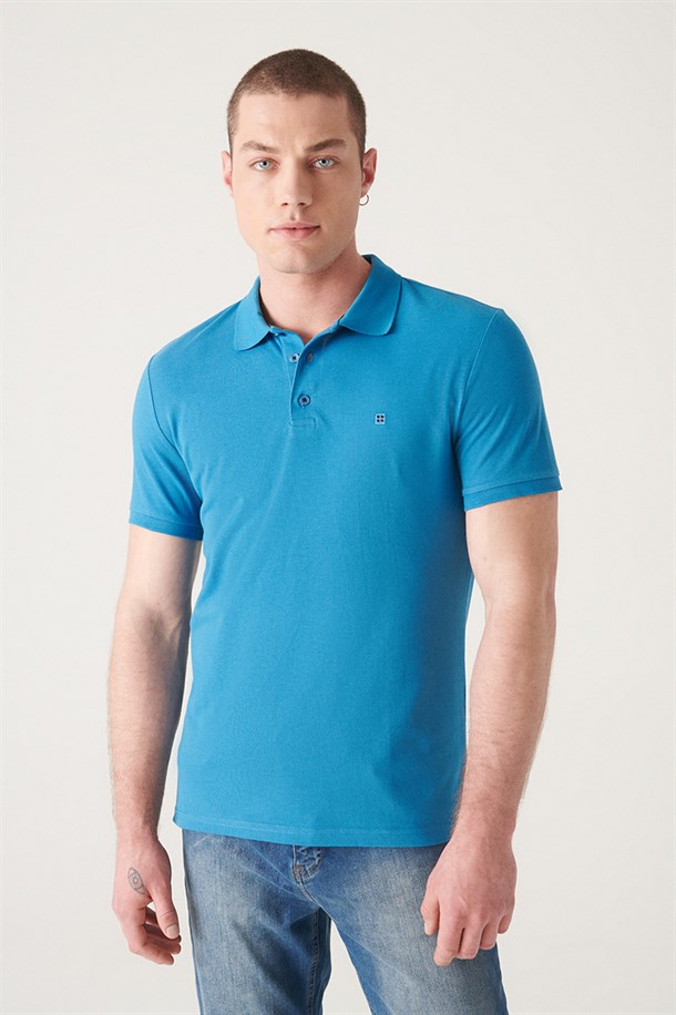Koyu Mavi Polo Yaka Slim Fit %100 Pamuk Basic T-Shirt