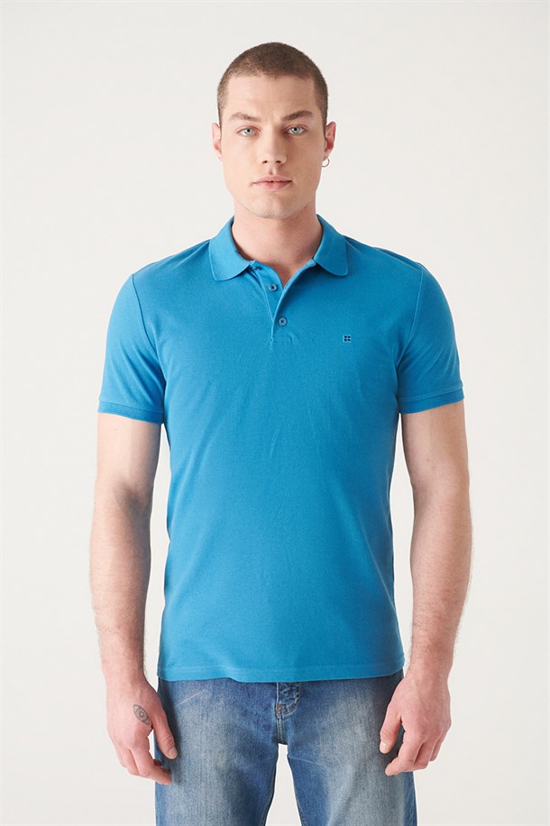 Koyu Mavi Polo Yaka Slim Fit %100 Pamuk Basic T-Shirt