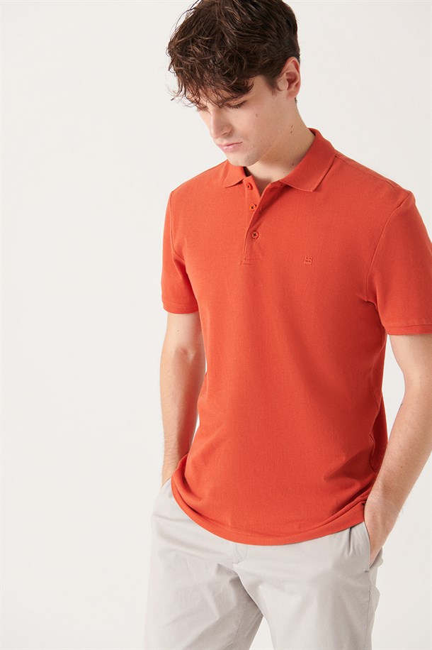 Koyu Turuncu Polo Yaka Düz T-Shirt