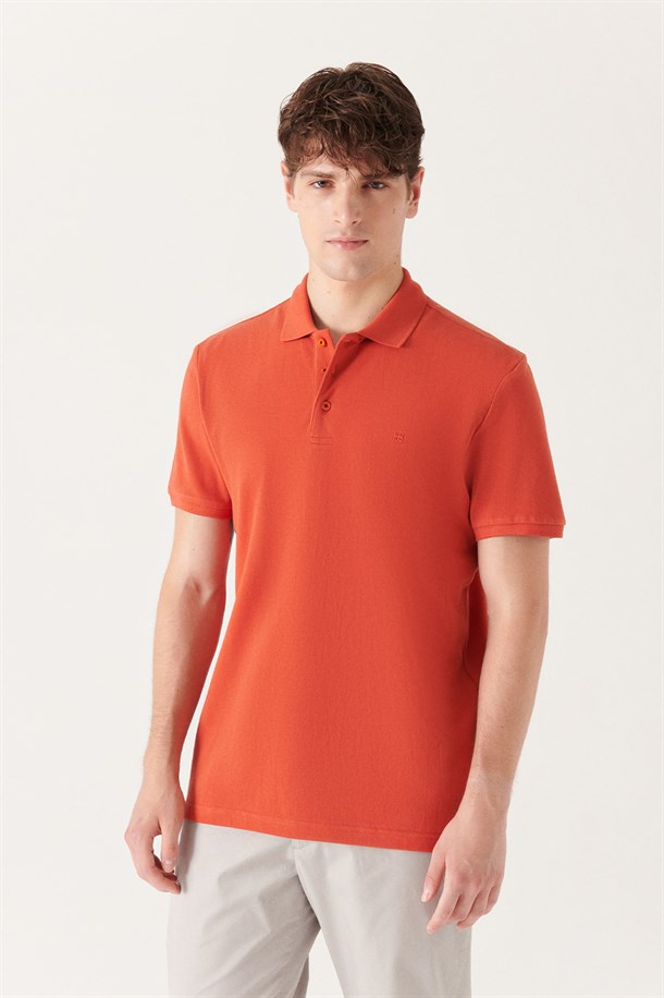 Koyu Turuncu Polo Yaka Düz T-Shirt