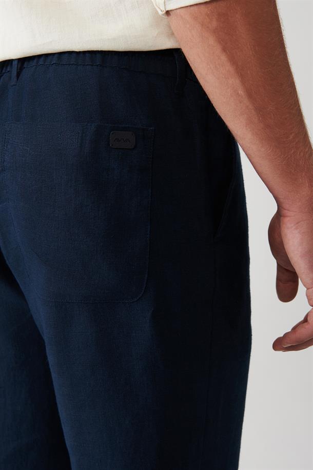 Lacivert %100 Keten Yandan Cepli Relaxed Fit Pantolon