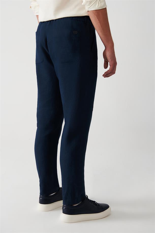Lacivert %100 Keten Yandan Cepli Relaxed Fit Pantolon