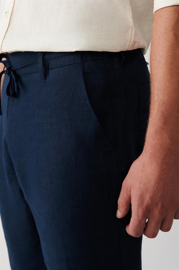 Lacivert %100 Keten Yandan Cepli Relaxed Fit Pantolon