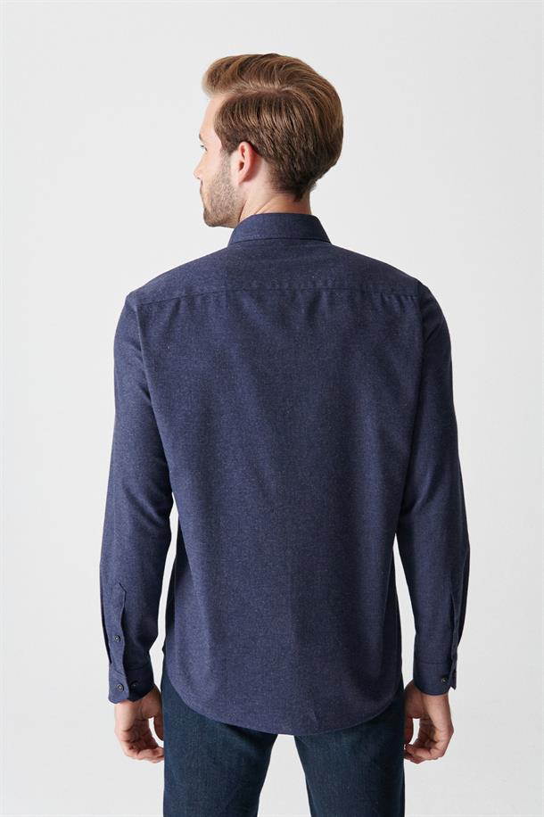 Lacivert Düz Düğmeli Yaka Comfort Fit Gömlek