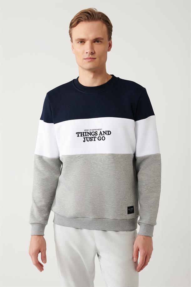 Lacivert-Bayaz-Gri Bisiklet Yaka Parçalı Sweatshirt