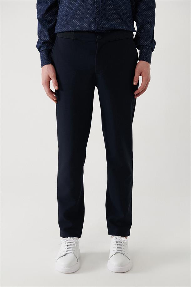 Lacivert Beli Ekstra Esnek Lastikli Slim Fit Örme Chino Pantolon