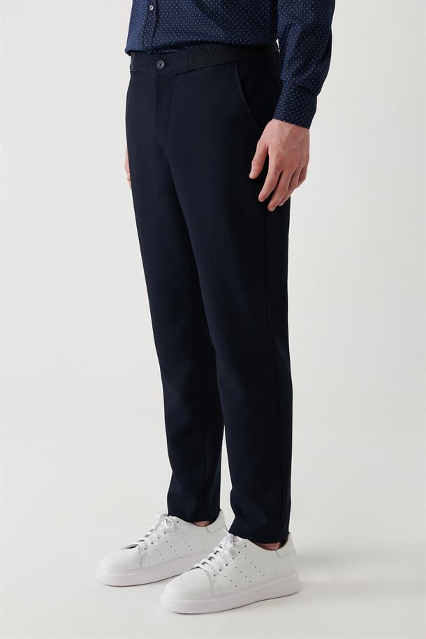 Lacivert Beli Ekstra Esnek Lastikli Slim Fit Örme Chino Pantolon