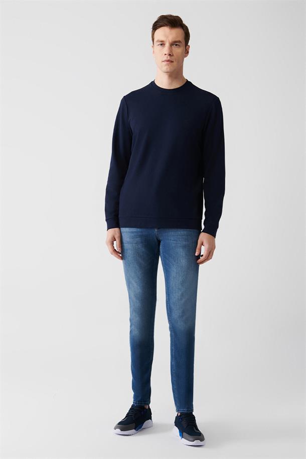 Lacivert Bisiklet Yaka Sweatshirt