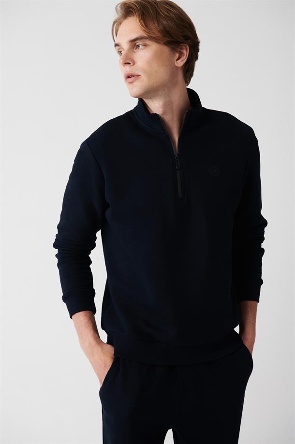 Lacivert Dik Yaka Fermuarlı İçi Polarlı 3 İplik Regular Fit Standart Kesim Unisex Sweatshirt