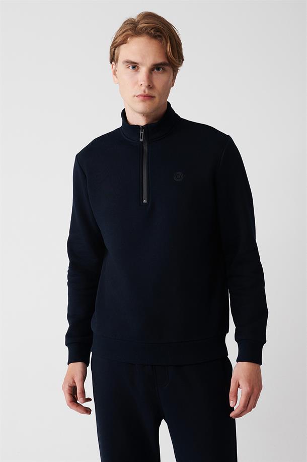 Lacivert Dik Yaka Fermuarlı İçi Polarlı 3 İplik Regular Fit Standart Kesim Unisex Sweatshirt