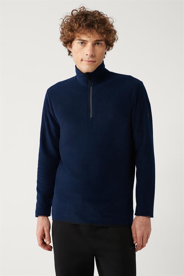Lacivert Dik Yaka Soğuğa Dayanıklı Yarım Fermuarlı Regular Fit Standart Kesim Polar Sweatshirt