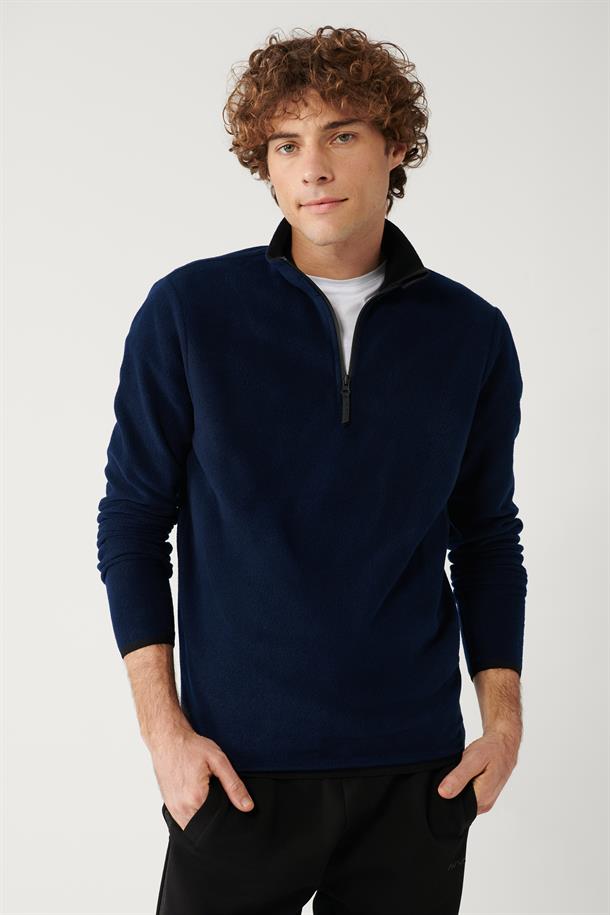 Lacivert Dik Yaka Soğuğa Dayanıklı Yarım Fermuarlı Regular Fit Standart Kesim Polar Sweatshirt