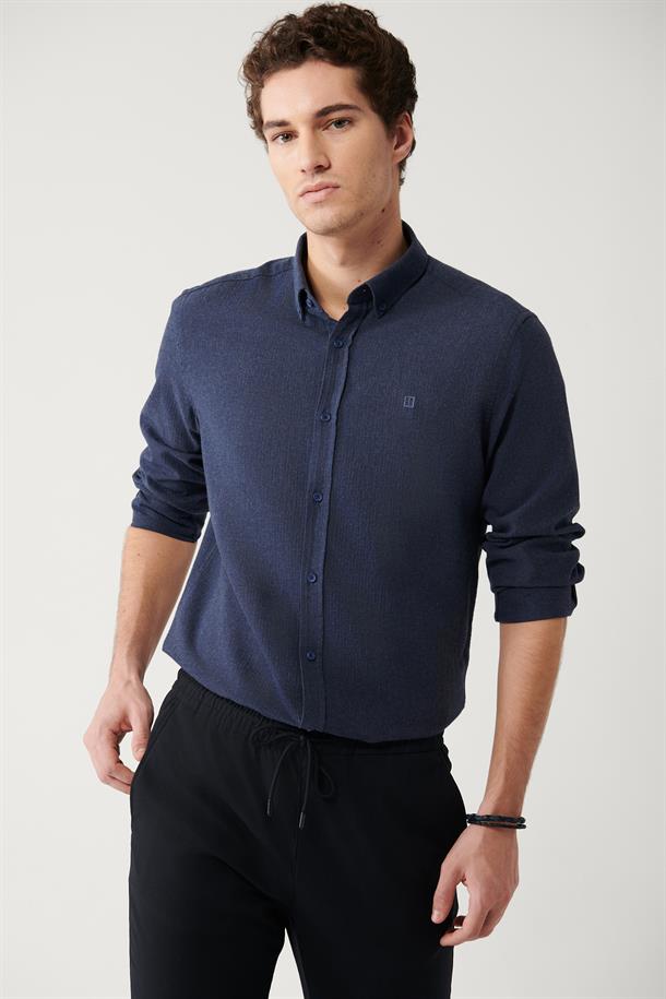 Lacivert Düğmeli Yaka Balıksırtı Flanel Regular Fit Gömlek