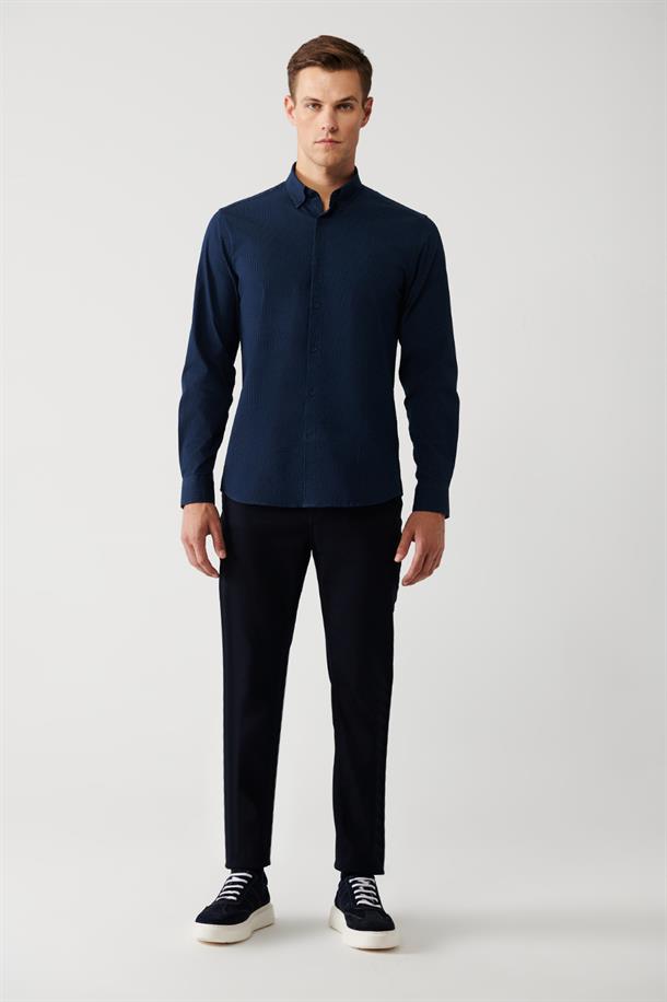 Lacivert Düğmeli Yaka Çizgili Pamuk Karışımlı Slim Fit Gömlek