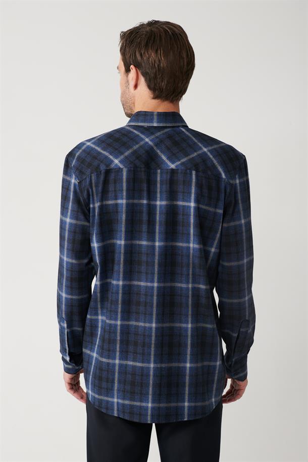 Lacivert Düğmeli Yaka Ekose Desenli Flanel Overshirt Fit Gömlek