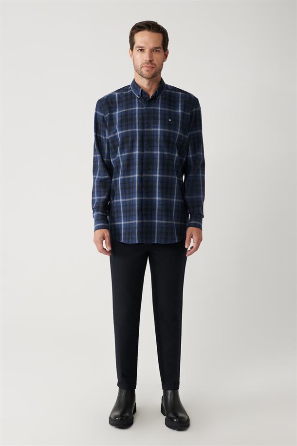 Lacivert Düğmeli Yaka Ekose Desenli Flanel Overshirt Fit Gömlek