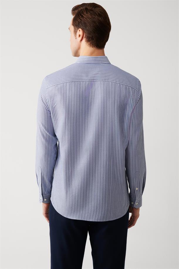 Lacivert Düğmeli Yaka Pamuklu Çizgili Slim Fit Gömlek