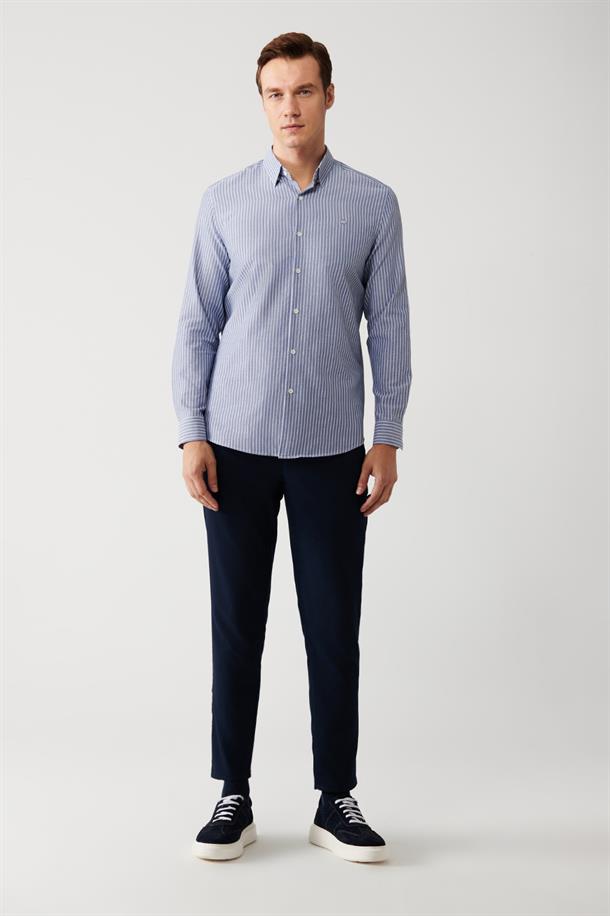 Lacivert Düğmeli Yaka Pamuklu Çizgili Slim Fit Gömlek