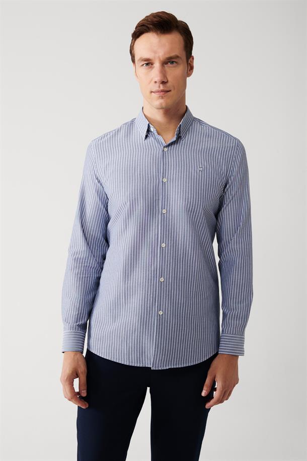 Lacivert Düğmeli Yaka Pamuklu Çizgili Slim Fit Gömlek