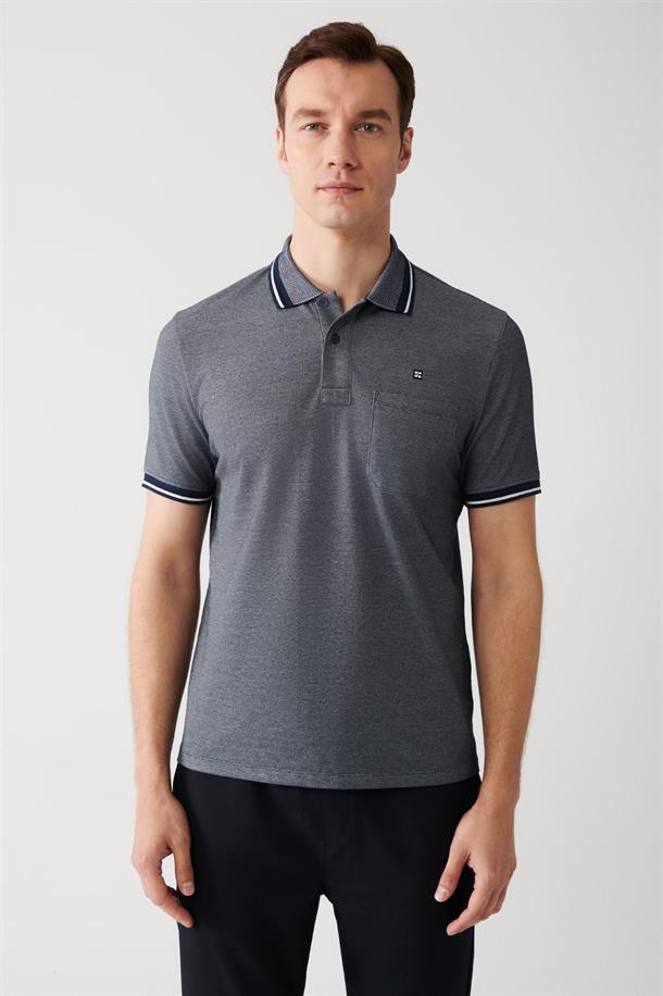 Lacivert Enine Çizglili Cepli  Polo Yaka T-shirt