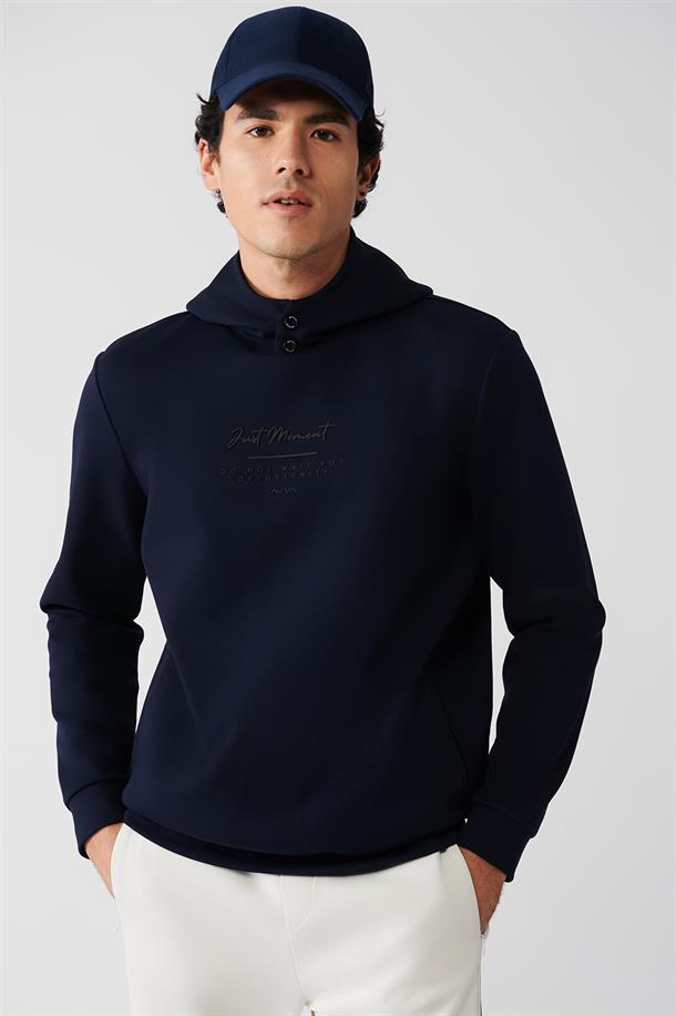Lacivert İnterlok Kumaş Kapüşonlu Yaka Baskılı Sweatshirt