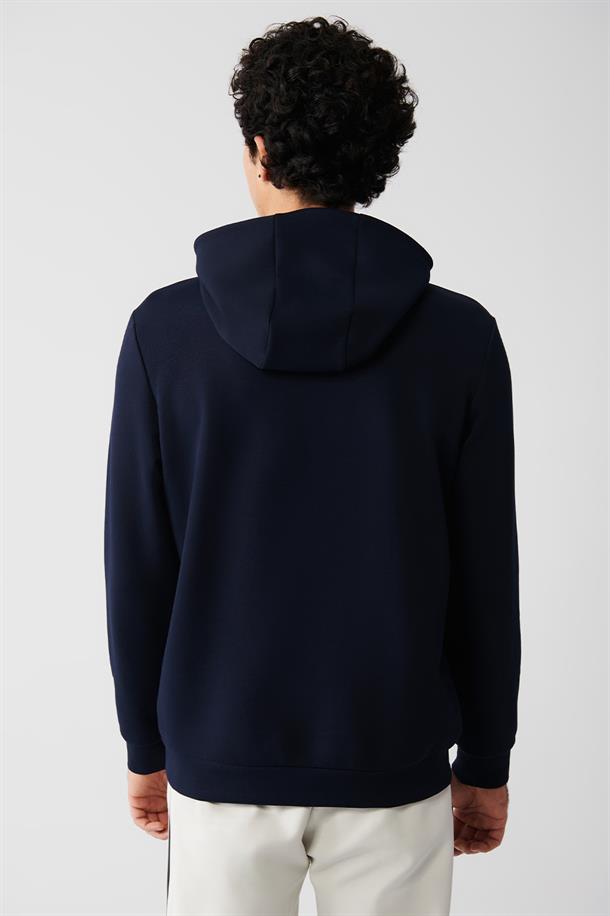 Lacivert İnterlok Kumaş Kapüşonlu Yaka Baskılı Sweatshirt