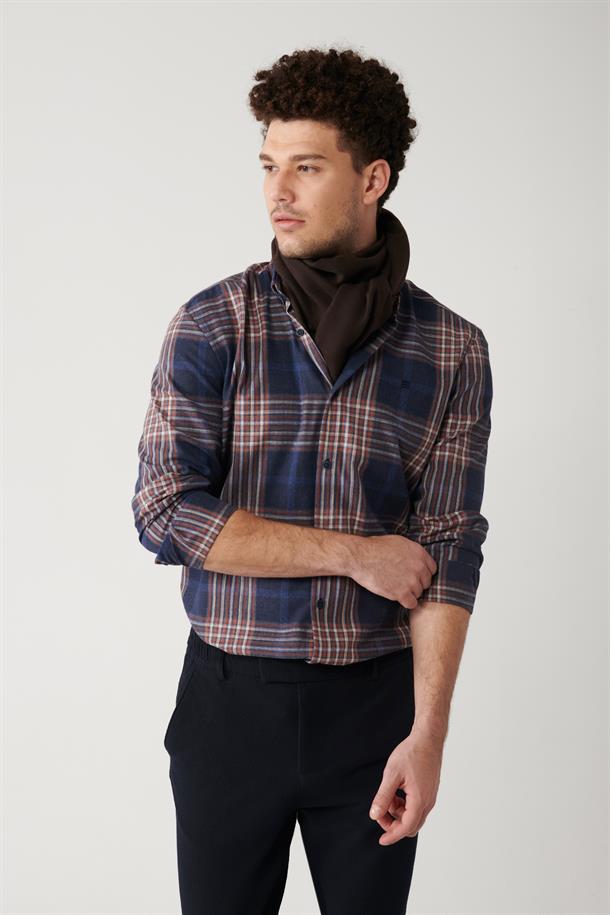 Lacivert-Kahverengi Düğmeli Yaka Ekose Desenli Flanel Overshirt Fit Gömlek