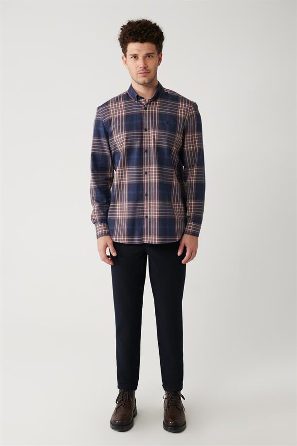 Lacivert-Kahverengi Düğmeli Yaka Ekose Desenli Flanel Overshirt Fit Gömlek