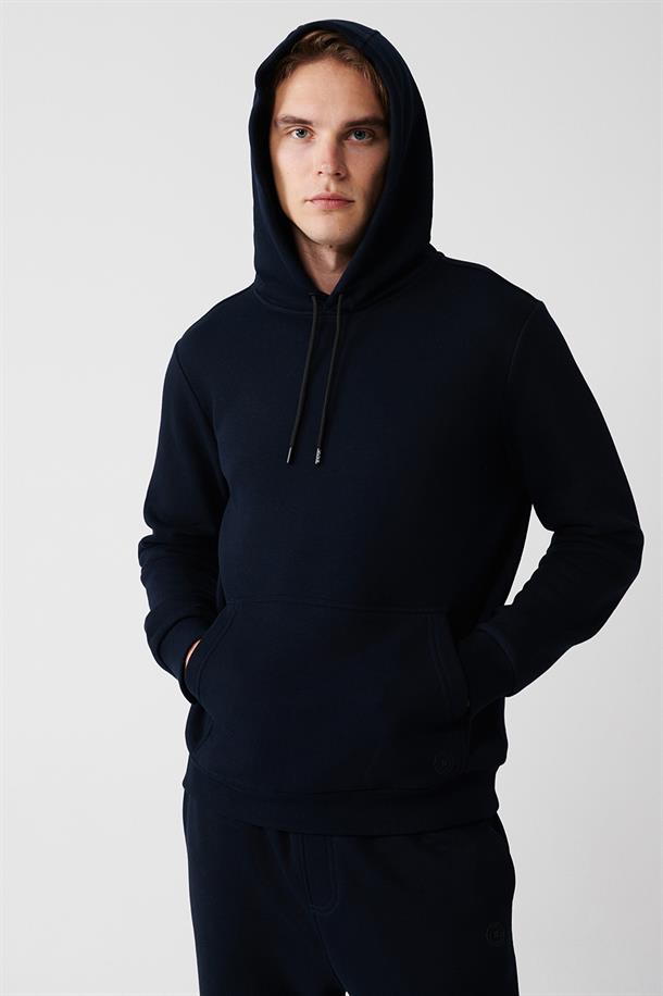 Lacivert Kapüşonlu Yaka İçi Polarlı 3 İplik Pamuklu Regular Fit Standart Kesim Unisex Sweatshirt