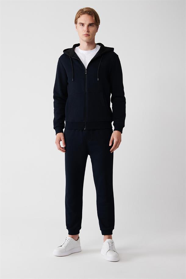 Lacivert Kapüşonlu Yaka İçi Polarlı 3 İplik Fermuarlı Unisex Hırka