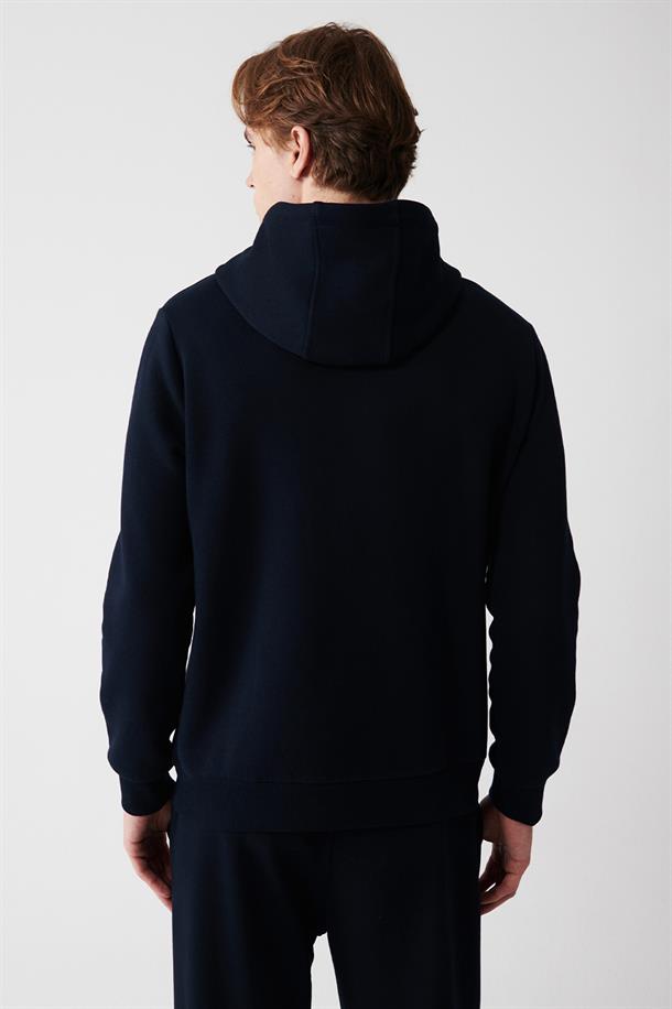 Lacivert Kapüşonlu Yaka İçi Polarlı 3 İplik Pamuklu Regular Fit Standart Kesim Unisex Sweatshirt