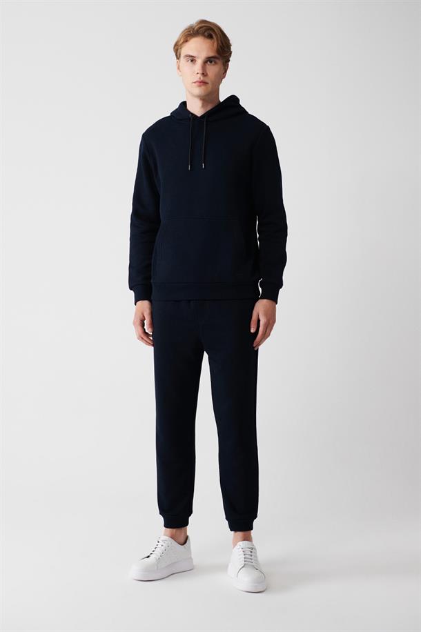 Lacivert Kapüşonlu Yaka İçi Polarlı 3 İplik Pamuklu Regular Fit Standart Kesim Unisex Sweatshirt