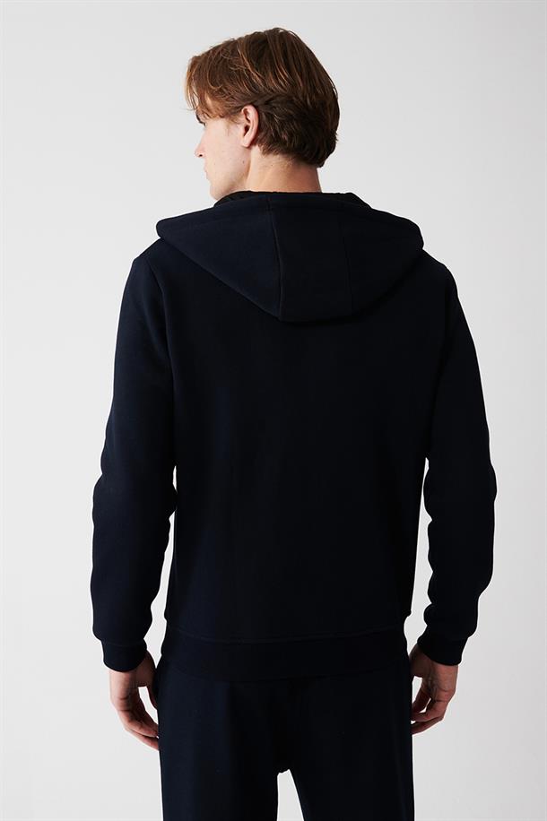 Lacivert Kapüşonlu Yaka İçi Polarlı 3 İplik Fermuarlı Unisex Hırka