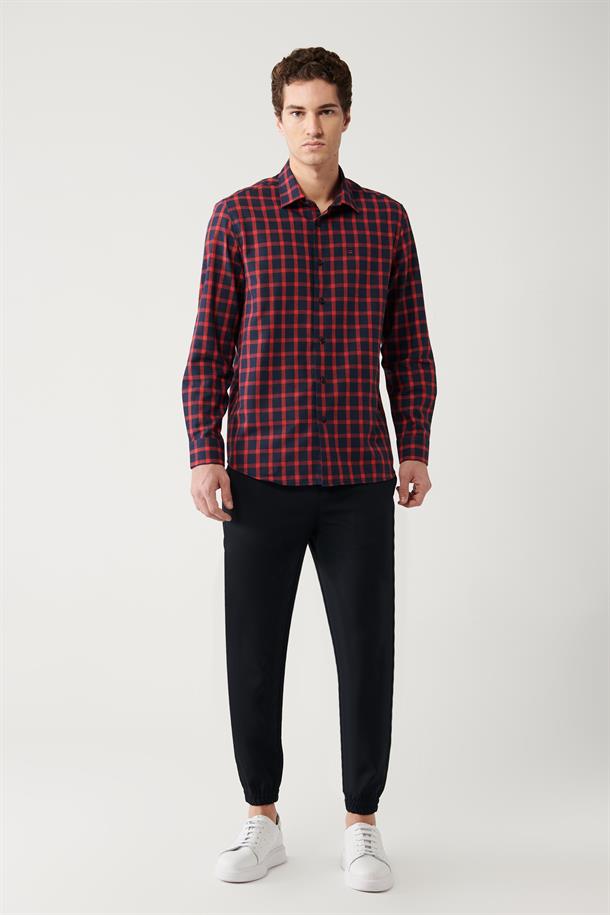 Lacivert-Kırmızı Klasik Yaka Ekose Desenli Flanel Comfort Fit Gömlek
