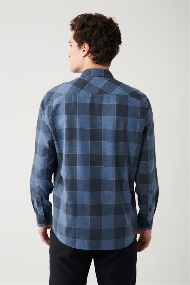 Lacivert Klasik Yaka Ekose Desenli Flanel Comfort Fit Gömlek