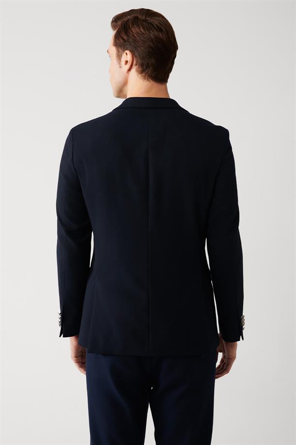 Lacivert Mono Yaka Kapaklı Cepli Astarlı Çift Yırtmaçlı Metal Düğmeli Blazer Ceket