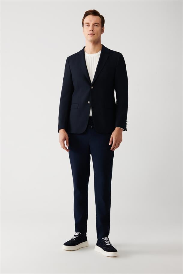 Lacivert Mono Yaka Kapaklı Cepli Astarlı Çift Yırtmaçlı Metal Düğmeli Blazer Ceket